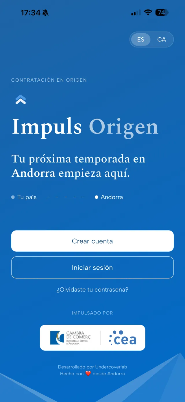 Pantalla de bienvenida de la app Impuls Origen