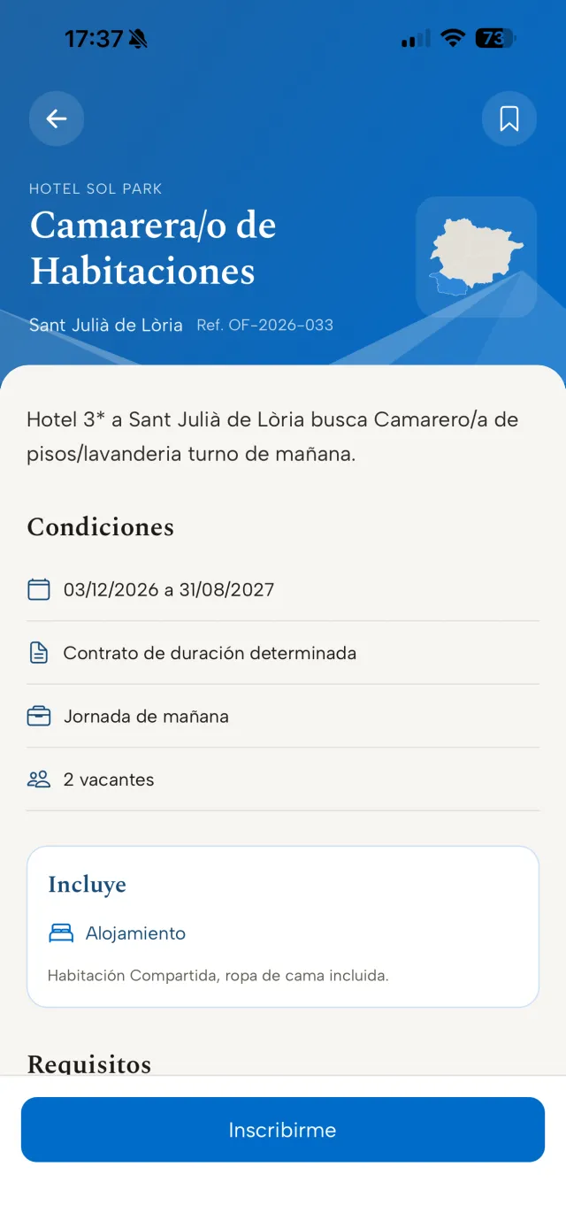 Pantalla de detalle de una oferta de trabajo en la app