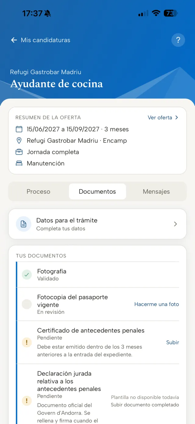 Pantalla del expediente del candidato en la app