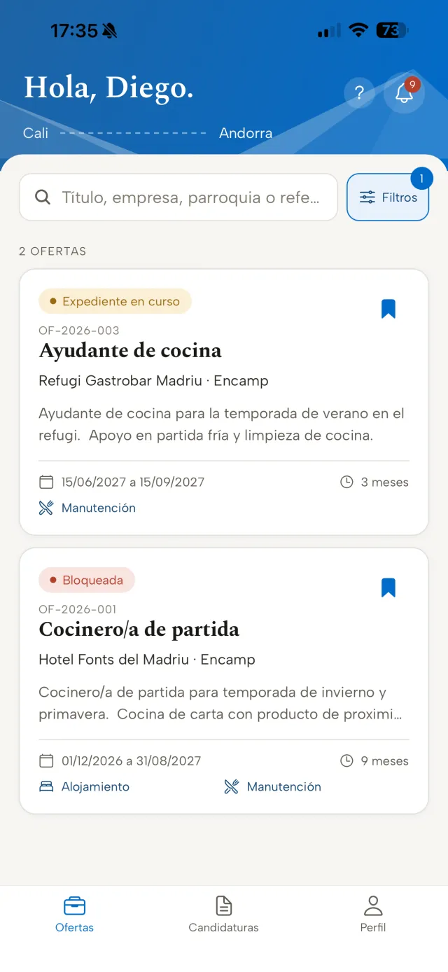 Pantalla de ofertas de la app con porcentaje de compatibilidad